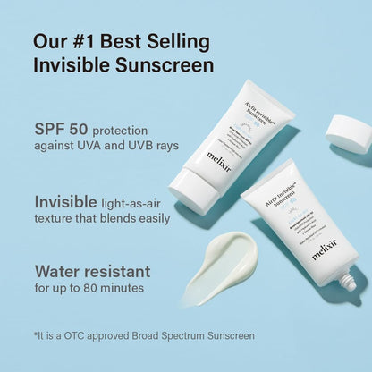 Melixir Airfit Invisible™ Sunscreen SPF 50 - Korean Rice Sunscreen for Face with Hyaluronic Acid, Moisturizing Daily Protection for Sensitive Skin, No White Cast, Waterproof, 1.7 fl oz