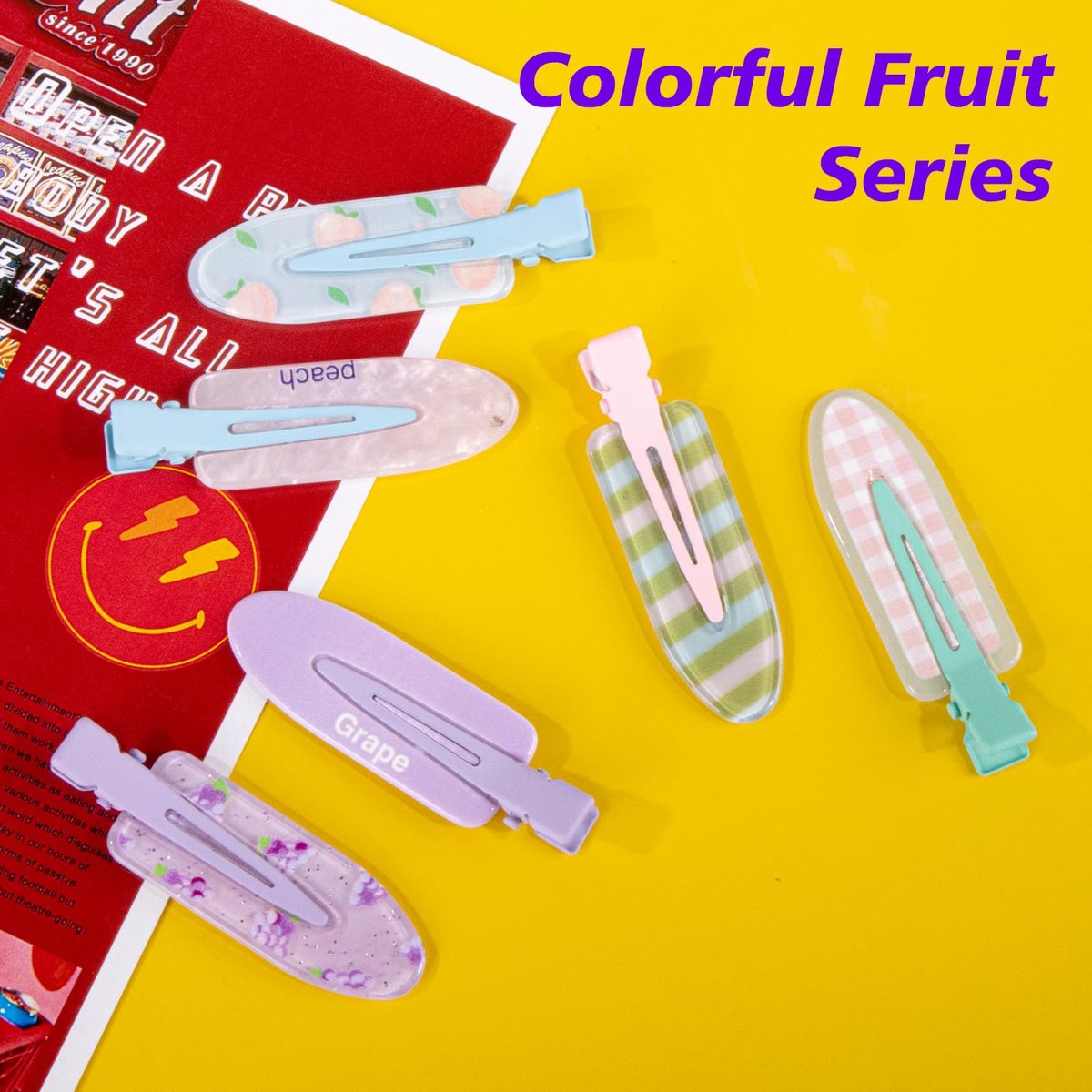 Magicsky 12PCS No Bend Hair Clips - Hawaiian Acrylic Flat Styling No Crease Pins, Bang Seamless Duckbill Barrettes for Women and Girls, Colorful Fruit Design Avelisse