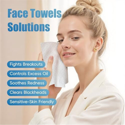 GWT Disposable Face Towels for Sensitive Skin - 50ct Biodegradable Lint-Free Dry Wipes - 10x12 Large Thick Soft Facial Towelettes for Makeup Remover, Acne Prone Skin, Travel