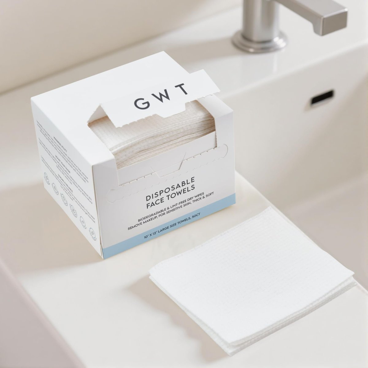 GWT Disposable Face Towels for Sensitive Skin - 50ct Biodegradable Lint-Free Dry Wipes - 10x12 Large Thick Soft Facial Towelettes for Makeup Remover, Acne Prone Skin, Travel - görsel 13