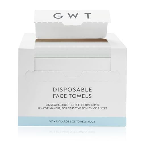 GWT Disposable Face Towels for Sensitive Skin - 50ct Biodegradable Lint-Free Dry Wipes - 10x12 Large Thick Soft Facial Towelettes for Makeup Remover, Acne Prone Skin, Travel - görsel 2