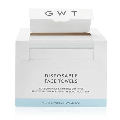 GWT Disposable Face Towels for Sensitive Skin - 50ct Biodegradable Lint-Free Dry Wipes - 10x12 Large Thick Soft Facial Towelettes for Makeup Remover, Acne Prone Skin, Travel