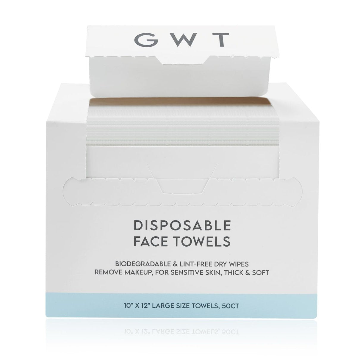 GWT Disposable Face Towels for Sensitive Skin - 50ct Biodegradable Lint-Free Dry Wipes - 10x12 Large Thick Soft Facial Towelettes for Makeup Remover, Acne Prone Skin, Travel - görsel 1