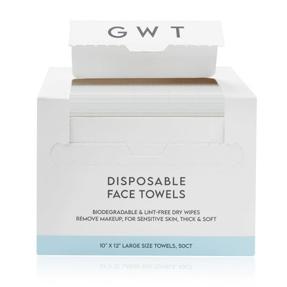 GWT Disposable Face Towels for Sensitive Skin - 50ct Biodegradable Lint-Free Dry Wipes - 10x12 Large Thick Soft Facial Towelettes for Makeup Remover, Acne Prone Skin, Travel