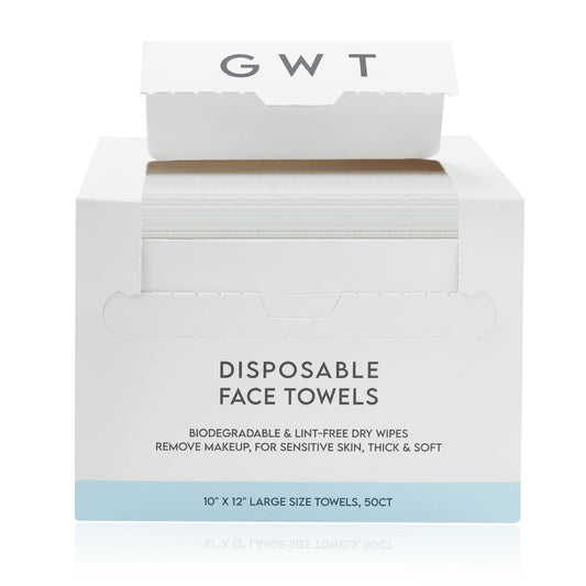 GWT Disposable Face Towels for Sensitive Skin - 50ct Biodegradable Lint-Free Dry Wipes - 10x12 Large Thick Soft Facial Towelettes for Makeup Remover, Acne Prone Skin, Travel