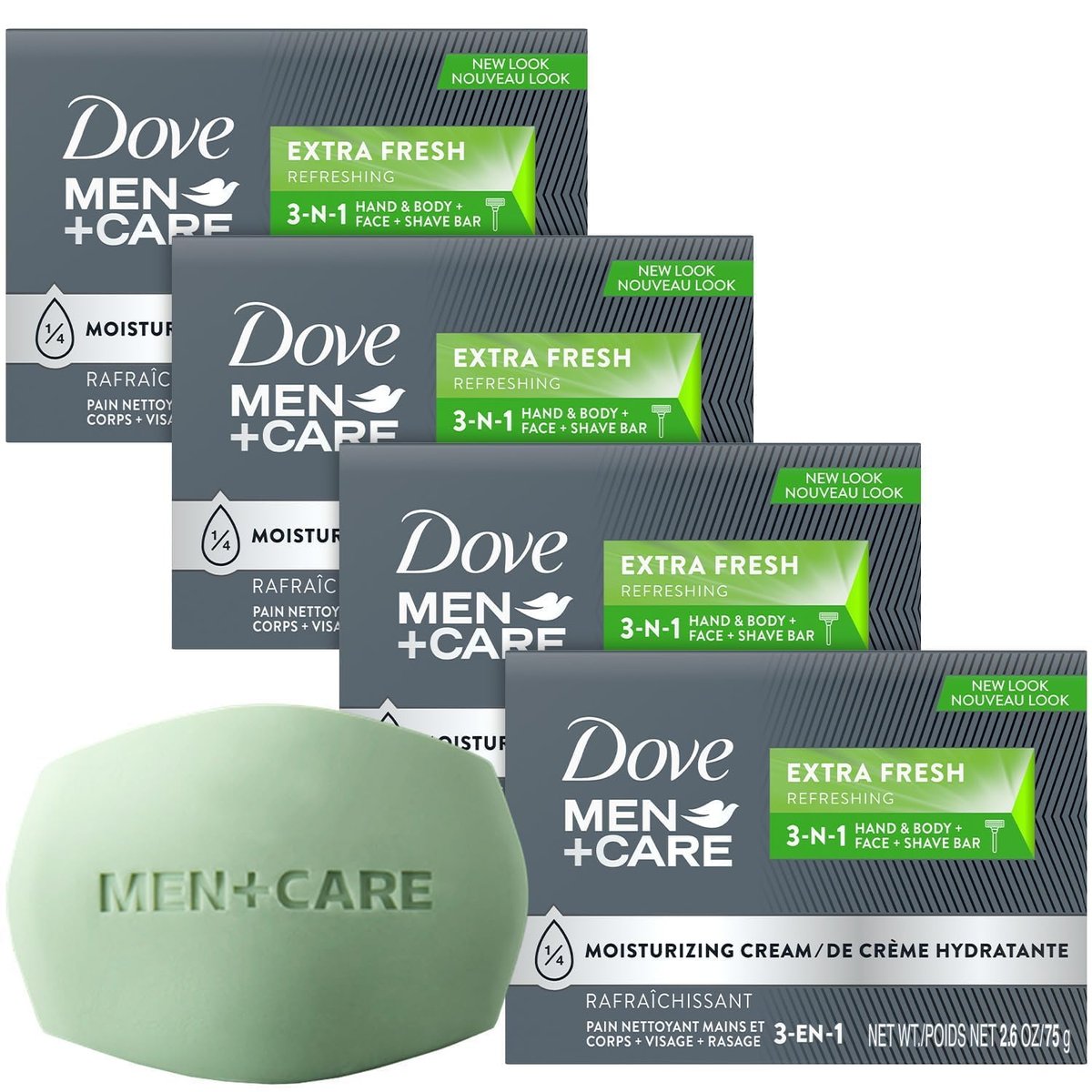 Dove Men+Care Soap Bar, Extra Fresh Scent 4-Pack – Hydrating 3-in-1 Body, Hand, and Face Cleanser for Men, 2.6 Oz Each - görsel 1