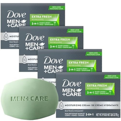 Dove Men+Care Soap Bar, Extra Fresh Scent 4-Pack – Hydrating 3-in-1 Body, Hand, and Face Cleanser for Men, 2.6 Oz Each