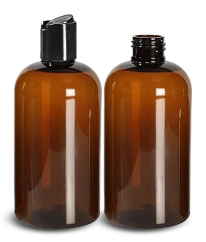 ljdeals 8 oz Amber Plastic Empty Bottles with Black Disc Top Caps - Refillable Containers for Shampoo, Lotions, Cream and More, BPA Free, Pack of 2, Made in USA - görsel 4
