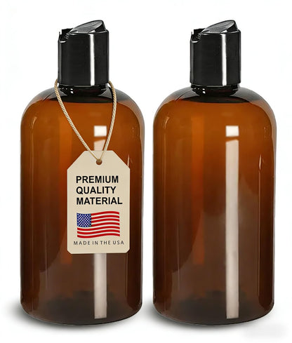 ljdeals 8 oz Amber Plastic Empty Bottles with Black Disc Top Caps - Refillable Containers for Shampoo, Lotions, Cream and More, BPA Free, Pack of 2, Made in USA