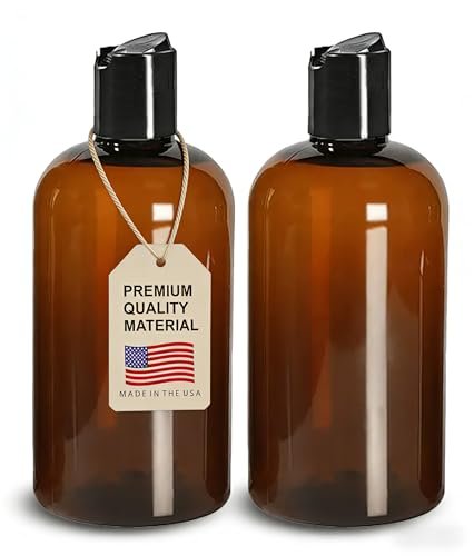ljdeals 8 oz Amber Plastic Empty Bottles with Black Disc Top Caps - Refillable Containers for Shampoo, Lotions, Cream and More, BPA Free, Pack of 2, Made in USA - görsel 2