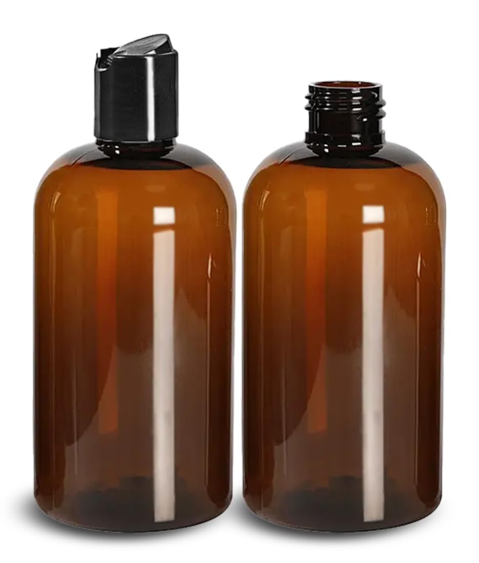 ljdeals 8 oz Amber Plastic Empty Bottles with Black Disc Top Caps - Refillable Containers for Shampoo, Lotions, Cream and More, BPA Free, Pack of 2, Made in USA - görsel 3