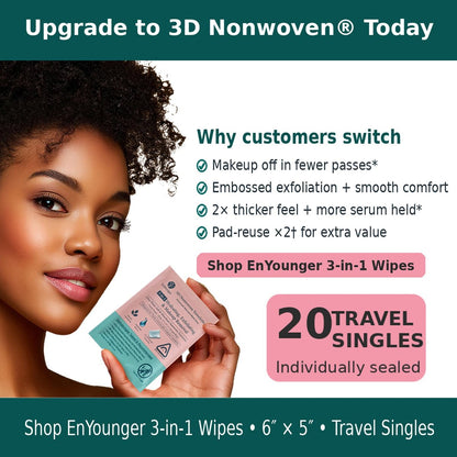 EnYounger 3-in-1 Makeup Remover Wipes 20ct Individually Wrapped for Travel – Ultra-Thick 3D Nonwoven for Instant Waterproof Makeup Removal, Cleansing & Hydration, Alcohol-Free Hypoallergenic, Scented Avelisse