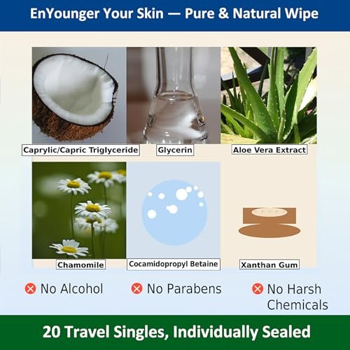 EnYounger 3-in-1 Makeup Remover Wipes 20ct Individually Wrapped for Travel – Ultra-Thick 3D Nonwoven for Instant Waterproof Makeup Removal, Cleansing & Hydration, Alcohol-Free Hypoallergenic, Scented Avelisse