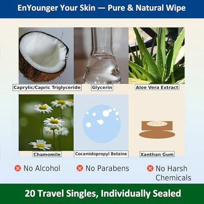 EnYounger 3-in-1 Makeup Remover Wipes 20ct Individually Wrapped for Travel – Ultra-Thick 3D Nonwoven for Instant Waterproof Makeup Removal, Cleansing & Hydration, Alcohol-Free Hypoallergenic, Scented Avelisse