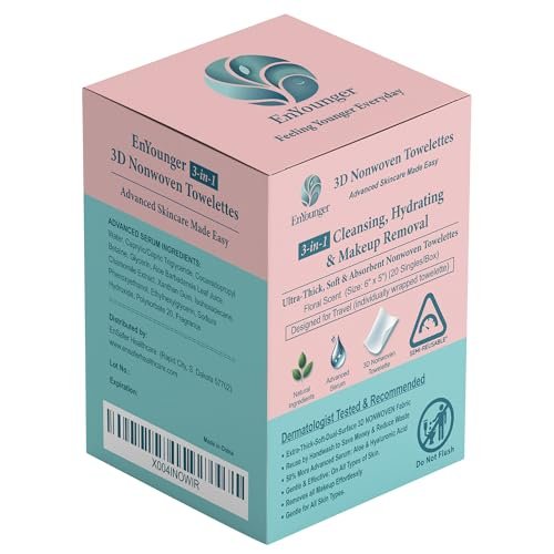 EnYounger 3-in-1 Makeup Remover Wipes 20ct Individually Wrapped for Travel – Ultra-Thick 3D Nonwoven for Instant Waterproof Makeup Removal, Cleansing & Hydration, Alcohol-Free Hypoallergenic, Scented Avelisse