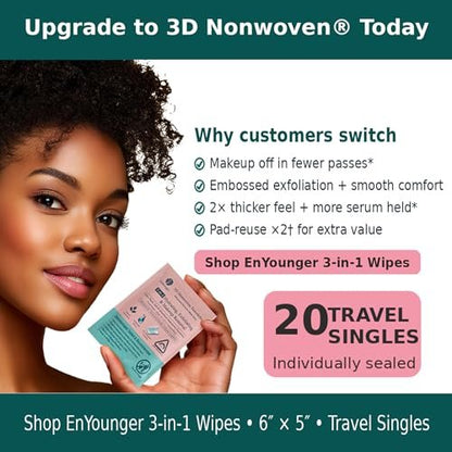 EnYounger 3-in-1 Makeup Remover Wipes 20ct Individually Wrapped for Travel – Ultra-Thick 3D Nonwoven for Instant Waterproof Makeup Removal, Cleansing & Hydration, Alcohol-Free Hypoallergenic, Scented Avelisse