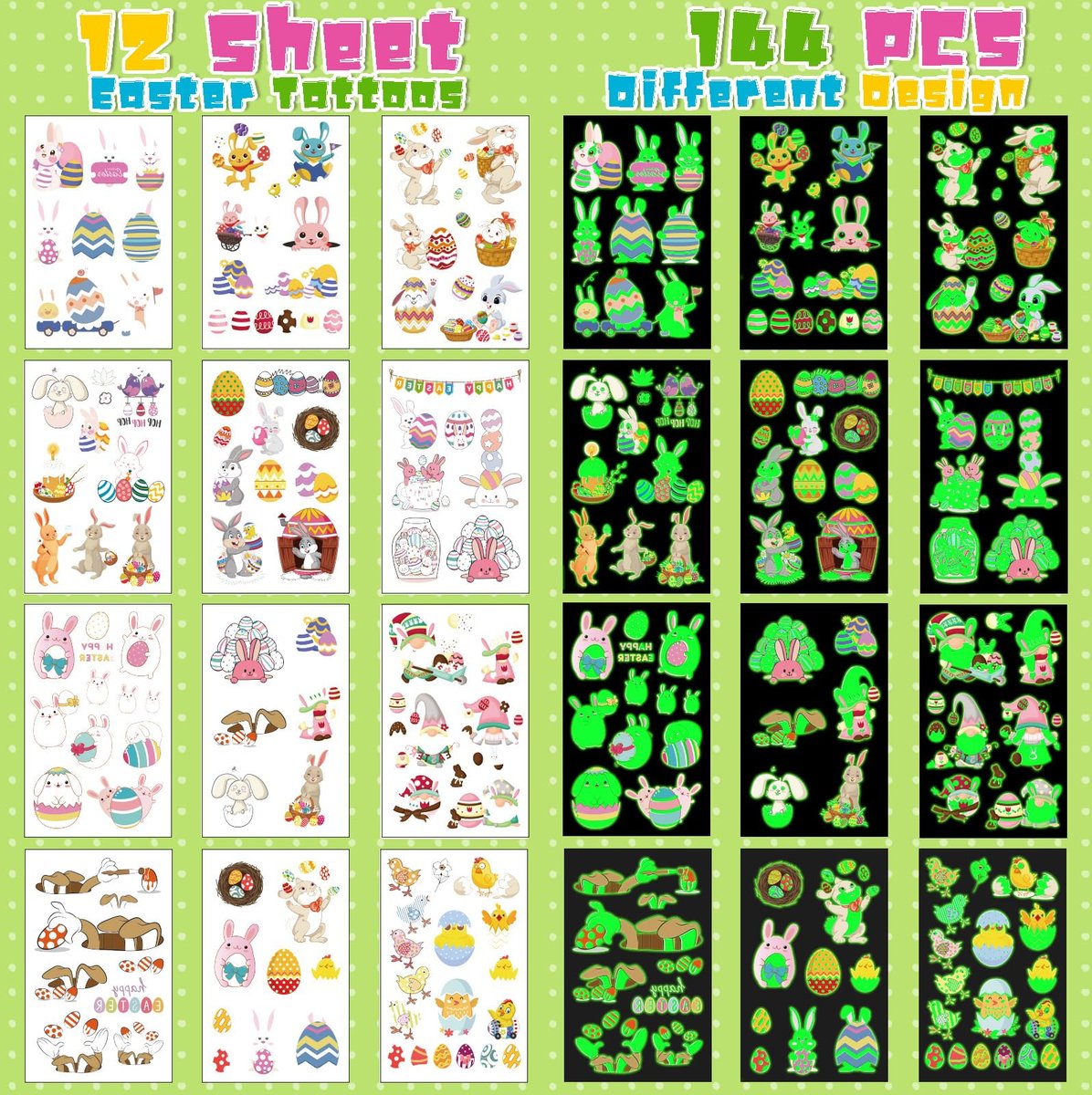144Pcs Luminous Easter Temporary Tattoos - Glow in the Dark Egg Fillers & Basket Stuffers for Teens Kids Avelisse