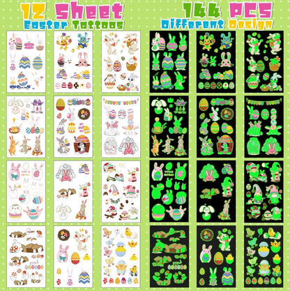144Pcs Luminous Easter Temporary Tattoos - Glow in the Dark Egg Fillers & Basket Stuffers for Teens Kids Avelisse