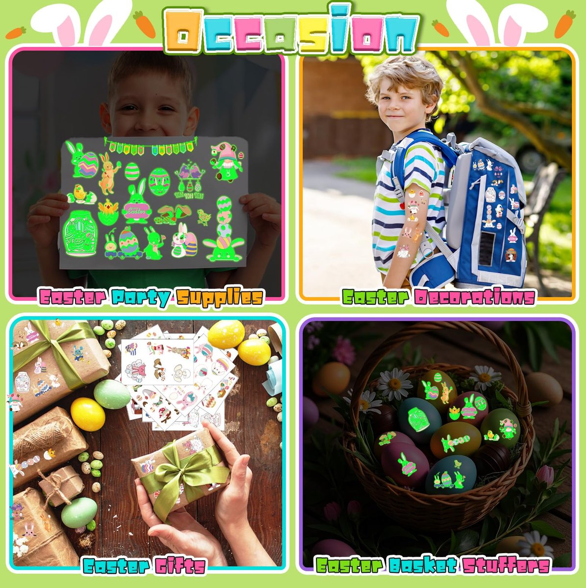 144Pcs Luminous Easter Temporary Tattoos - Glow in the Dark Egg Fillers & Basket Stuffers for Teens Kids Avelisse
