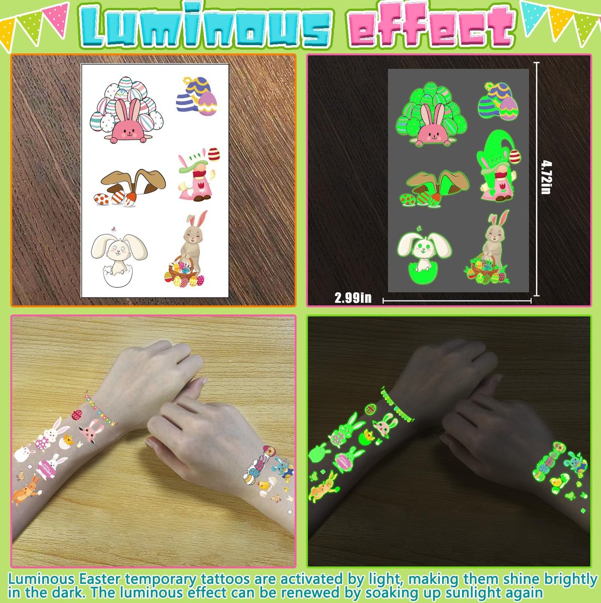 144Pcs Luminous Easter Temporary Tattoos - Glow in the Dark Egg Fillers & Basket Stuffers for Teens Kids Avelisse