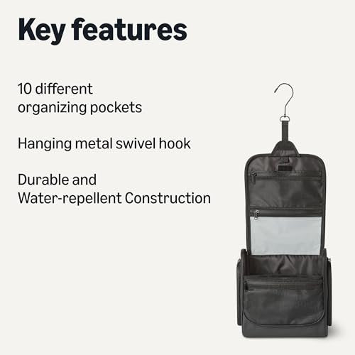 Waterproof Travel Toiletry Bag with Hanging Hook, Black, 10" x 4" x 10" Avelisse