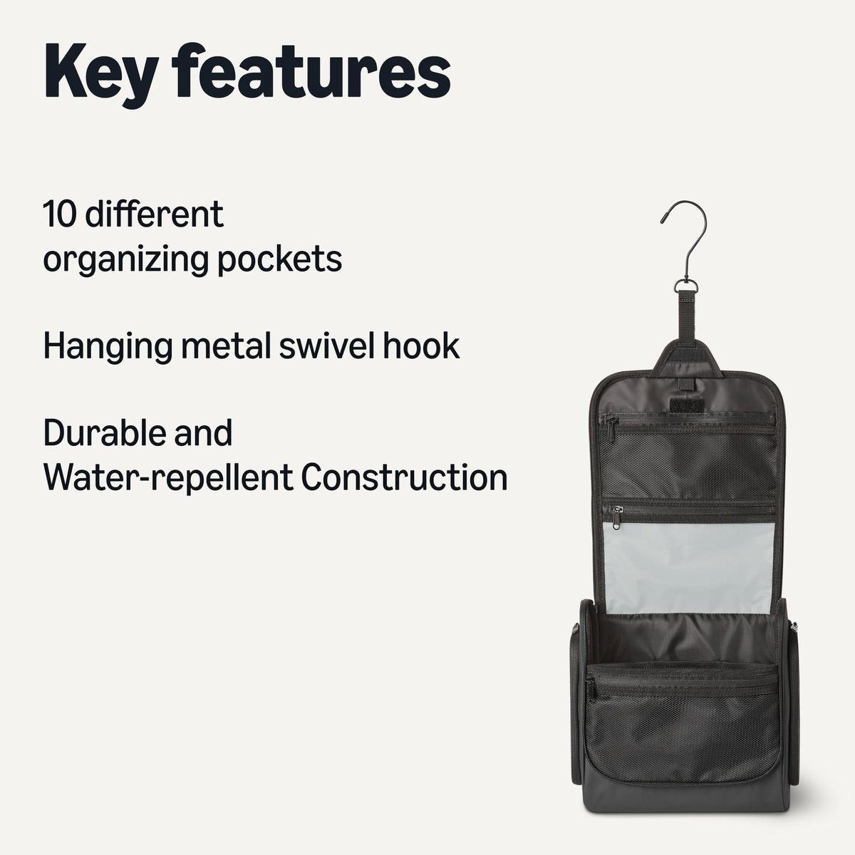 Waterproof Travel Toiletry Bag with Hanging Hook, Black, 10" x 4" x 10" Avelisse