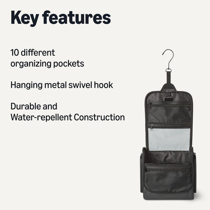 Waterproof Travel Toiletry Bag with Hanging Hook, Black, 10" x 4" x 10" Avelisse