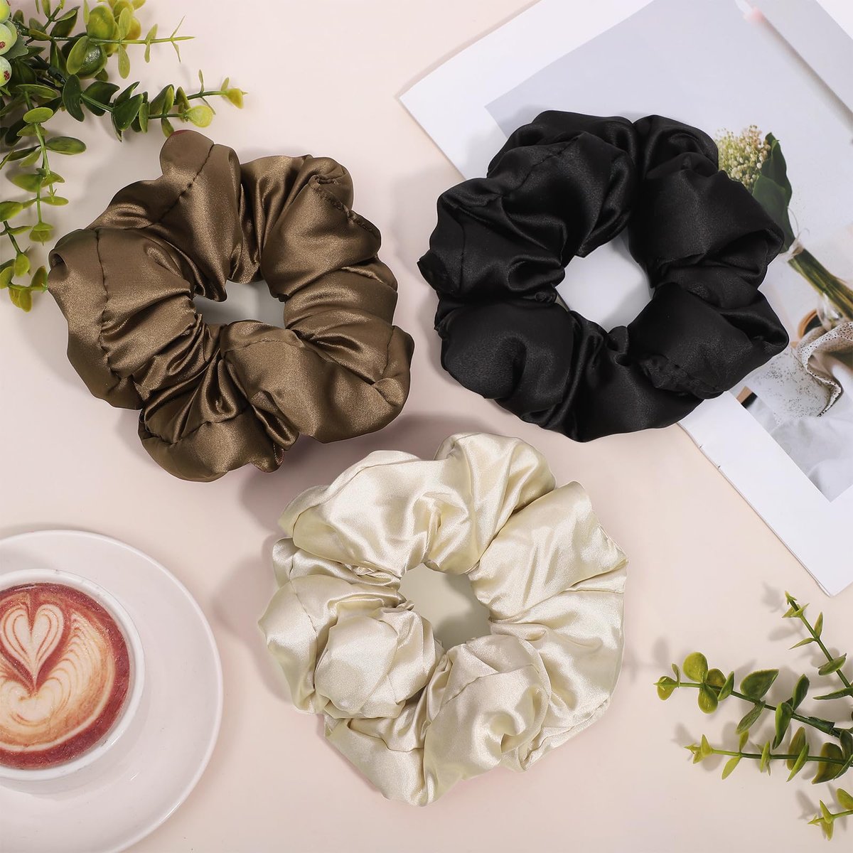 3-Pack Large Satin Hair Scrunchies – 6-Inch Pillow Soft Satin Scrunchies for Thick Curls, Sleepy Hair Ties, Self-Care Gifts (Brown Series) - görsel 13