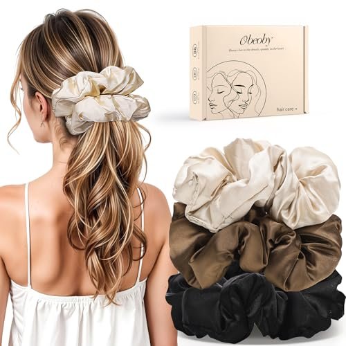 3-Pack Large Satin Hair Scrunchies – 6-Inch Pillow Soft Satin Scrunchies for Thick Curls, Sleepy Hair Ties, Self-Care Gifts (Brown Series) - görsel 2