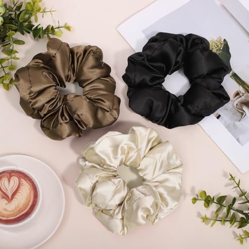 3-Pack Large Satin Hair Scrunchies – 6-Inch Pillow Soft Satin Scrunchies for Thick Curls, Sleepy Hair Ties, Self-Care Gifts (Brown Series) - görsel 14