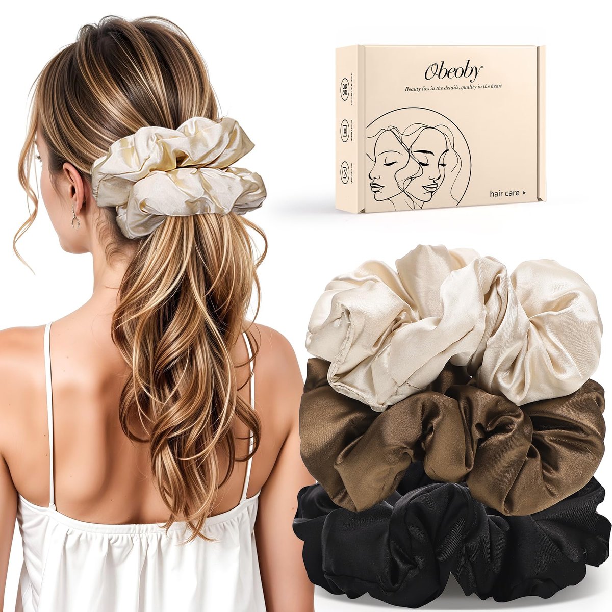 3-Pack Large Satin Hair Scrunchies – 6-Inch Pillow Soft Satin Scrunchies for Thick Curls, Sleepy Hair Ties, Self-Care Gifts (Brown Series) - görsel 1