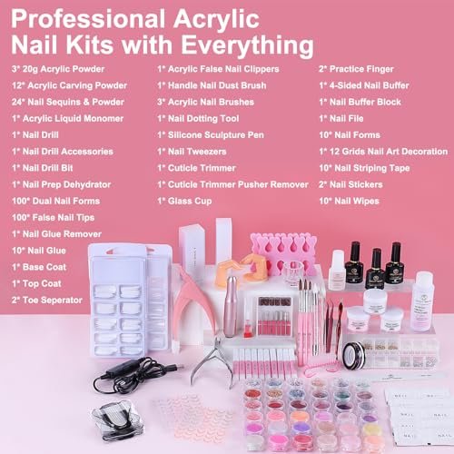 Acrylic Nail Kit with Everything: Beginners Set with Drill - Professional Acrylic Powder, Glitter, Monomer, False Tips, Top & Base Coat Starter Kit - Full Decorations Nail Supplies for Nail Extensions Gift Avelisse