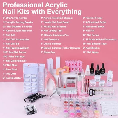 Acrylic Nail Kit with Everything: Beginners Set with Drill - Professional Acrylic Powder, Glitter, Monomer, False Tips, Top & Base Coat Starter Kit - Full Decorations Nail Supplies for Nail Extensions Gift Avelisse
