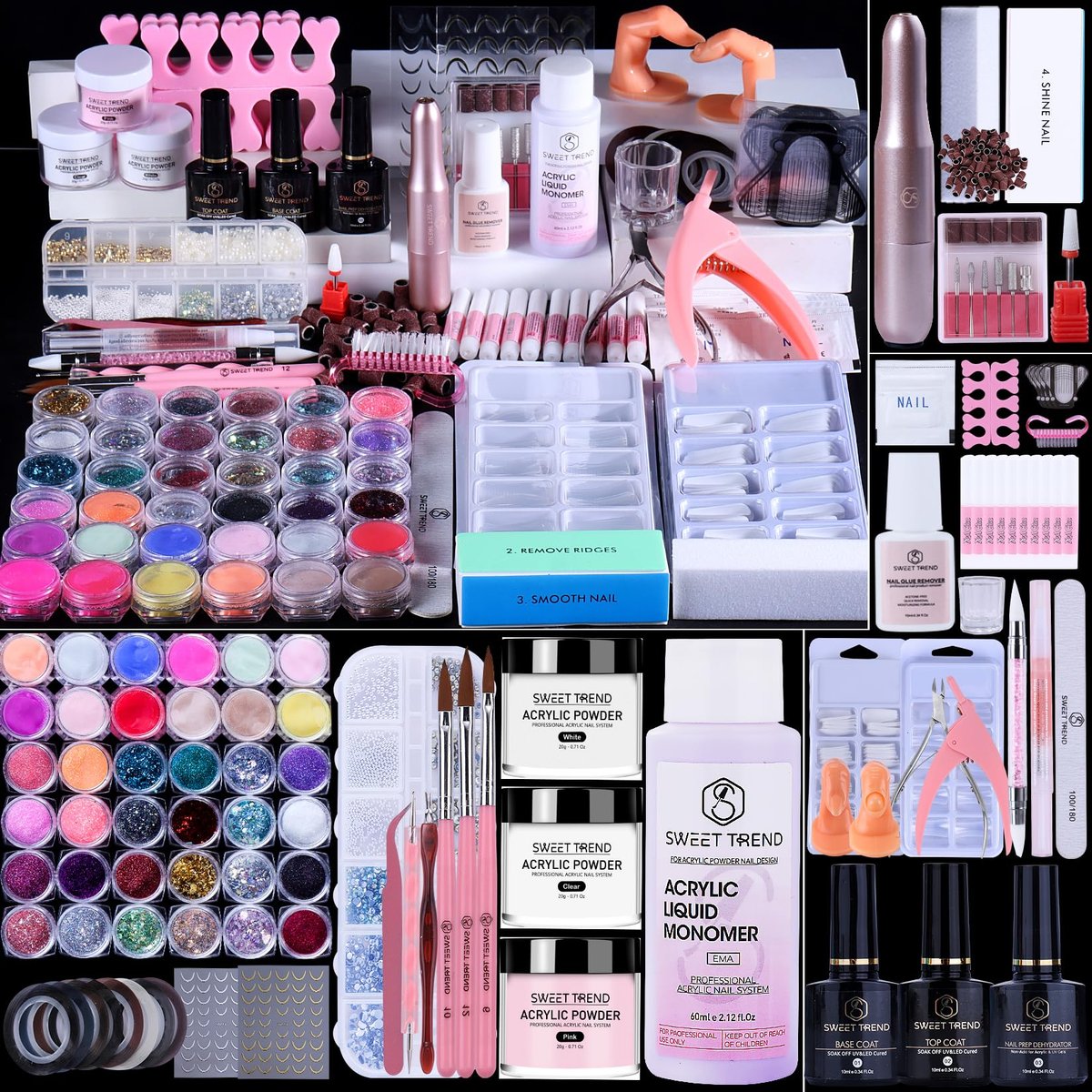 Acrylic Nail Kit with Everything: Beginners Set with Drill - Professional Acrylic Powder, Glitter, Monomer, False Tips, Top & Base Coat Starter Kit - Full Decorations Nail Supplies for Nail Extensions Gift Avelisse