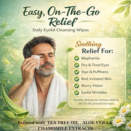 Tea Tree Oil Eyelid and Lash Cleansing Wipes with Coconut, Hyaluronic Acid, Green Tea, Chamomile, Aloe Vera – Makeup Remover & Daily Cleanser for Itchy Stye Eyes Relief, 60 Count - görsel 6