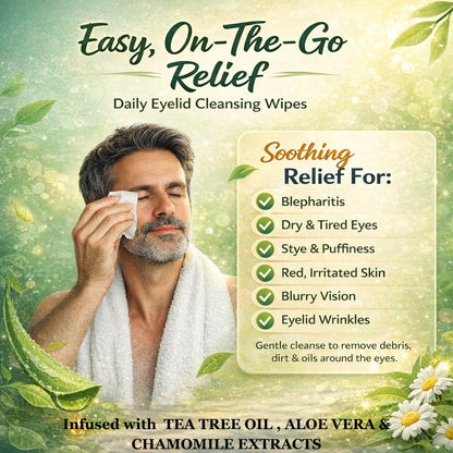 Tea Tree Oil Eyelid and Lash Cleansing Wipes with Coconut, Hyaluronic Acid, Green Tea, Chamomile, Aloe Vera – Makeup Remover & Daily Cleanser for Itchy Stye Eyes Relief, 60 Count