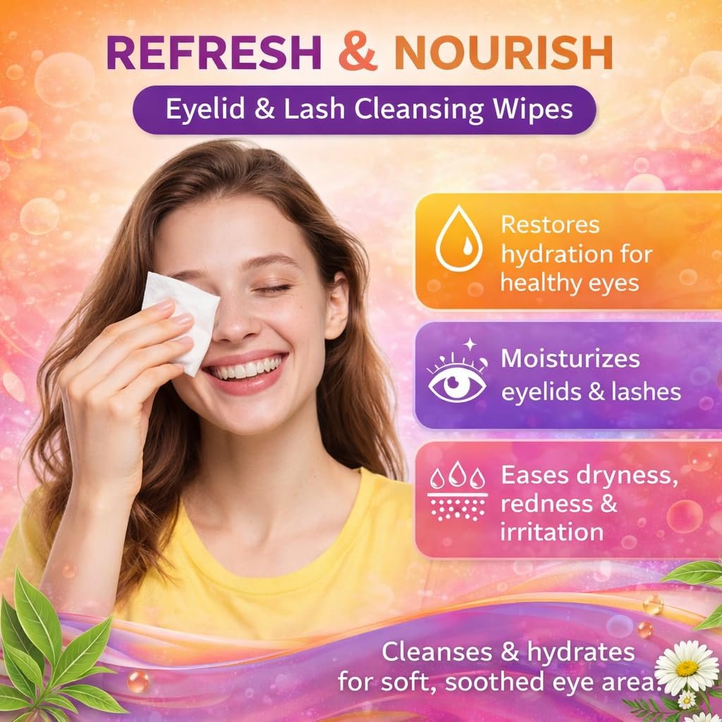 Tea Tree Oil Eyelid and Lash Cleansing Wipes with Coconut, Hyaluronic Acid, Green Tea, Chamomile, Aloe Vera – Makeup Remover & Daily Cleanser for Itchy Stye Eyes Relief, 60 Count - görsel 3