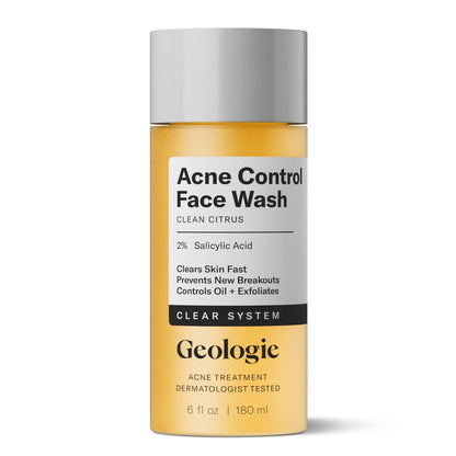Geologie Acne Control Face Wash - 2% Salicylic Acid Exfoliating Cleanser for Clear Skin, Oil Control & Breakout Prevention - Clean Citrus Scent for Men & Women - 6 fl oz