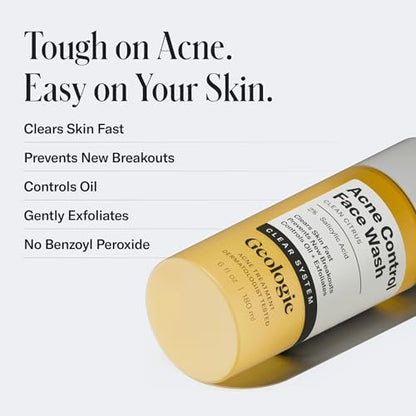 Geologie Acne Control Face Wash - 2% Salicylic Acid Exfoliating Cleanser for Clear Skin, Oil Control & Breakout Prevention - Clean Citrus Scent for Men & Women - 6 fl oz