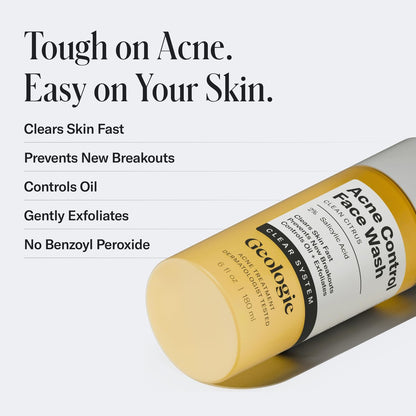 Geologie Acne Control Face Wash - 2% Salicylic Acid Exfoliating Cleanser for Clear Skin, Oil Control & Breakout Prevention - Clean Citrus Scent for Men & Women - 6 fl oz