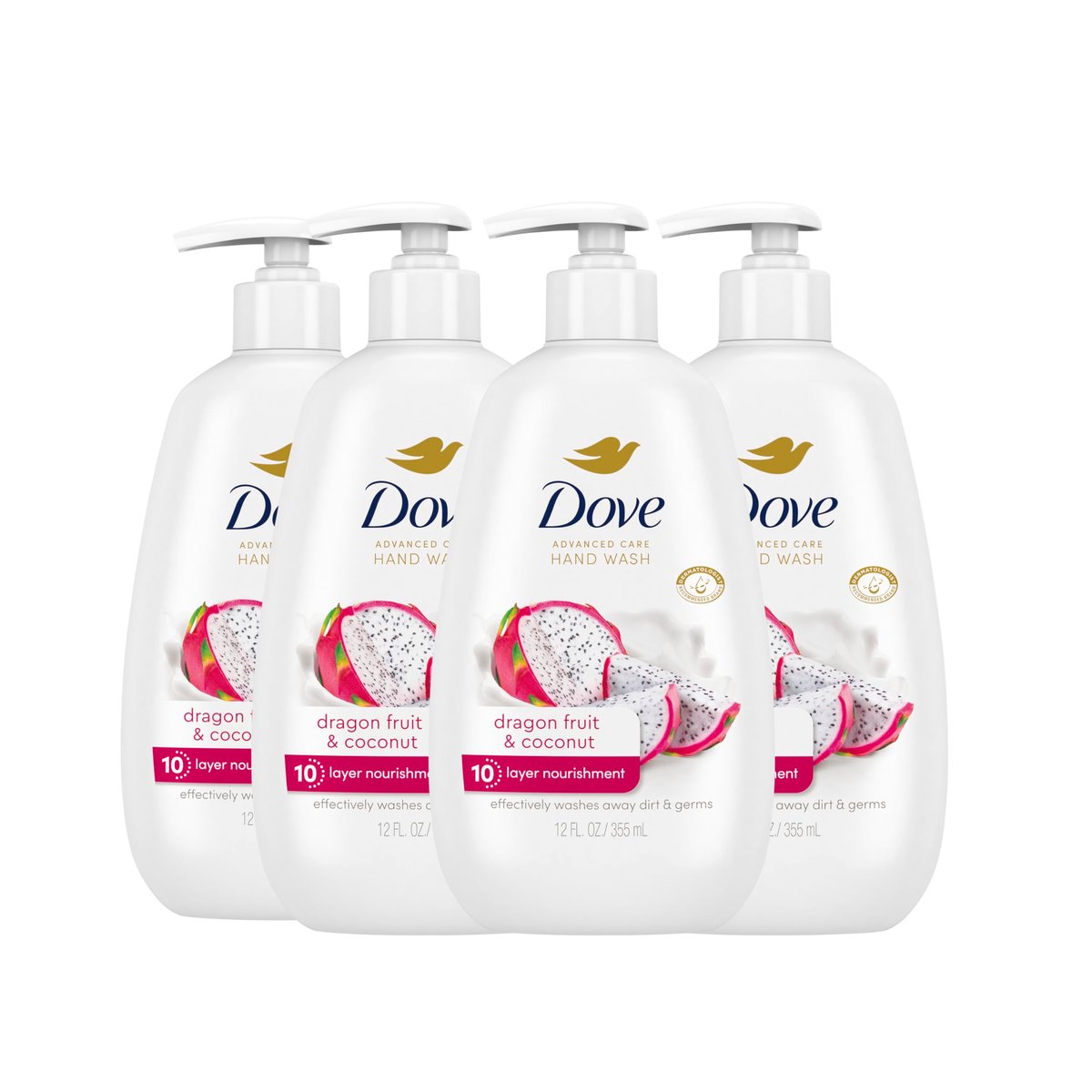 Dove Advanced Care Hand Wash 4-Pack: Dragonfruit & Coconut, 10-Layer Nourishment for Soft, Clean Hands Avelisse