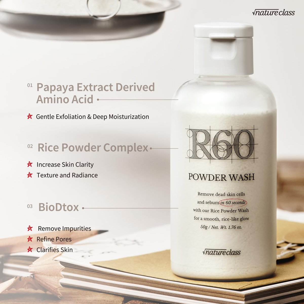 NATURECLASS R60 Rice Enzyme Face Wash Powder – Gentle Exfoliating Cleanser for Sensitive Skin, Fragrance Free, 1.76 oz Avelisse