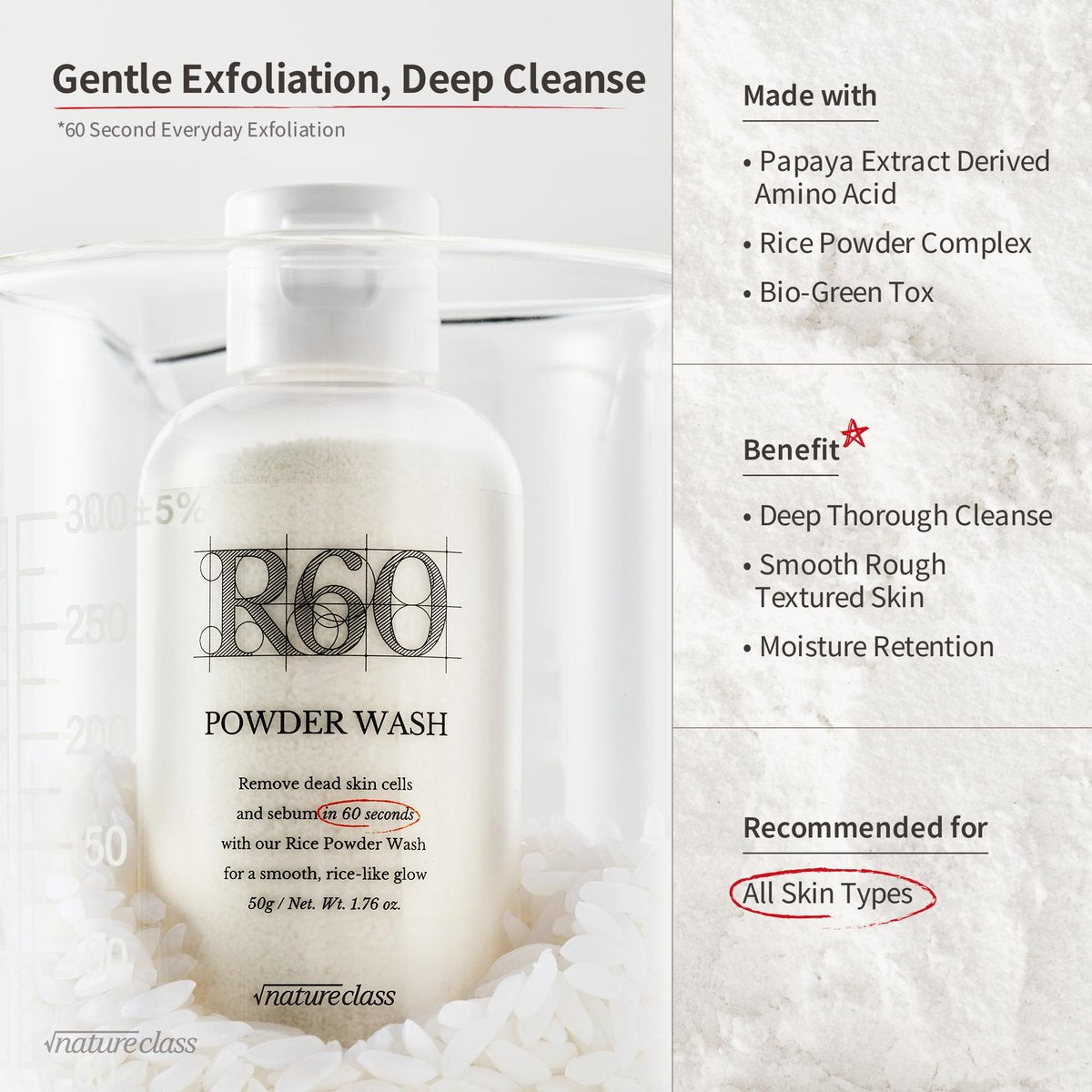 NATURECLASS R60 Rice Enzyme Face Wash Powder – Gentle Exfoliating Cleanser for Sensitive Skin, Fragrance Free, 1.76 oz Avelisse