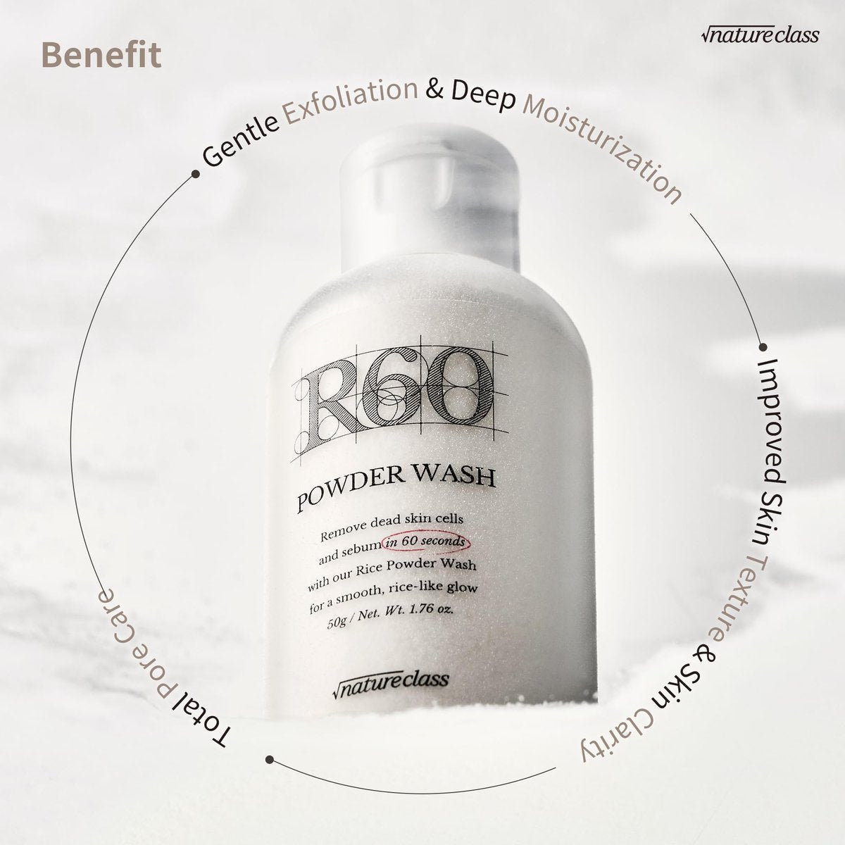 NATURECLASS R60 Rice Enzyme Face Wash Powder – Gentle Exfoliating Cleanser for Sensitive Skin, Fragrance Free, 1.76 oz Avelisse