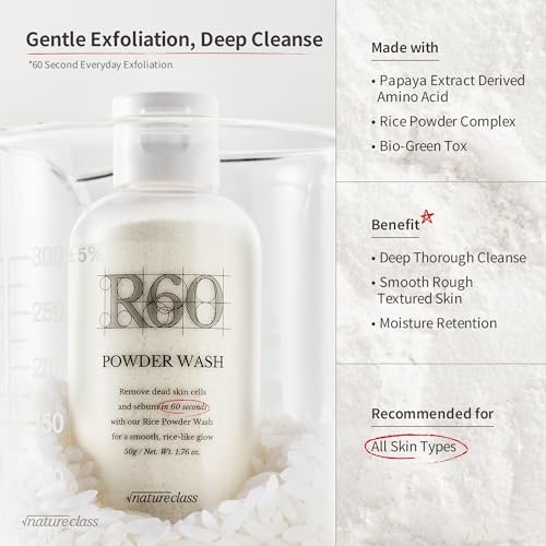 NATURECLASS R60 Rice Enzyme Face Wash Powder – Gentle Exfoliating Cleanser for Sensitive Skin, Fragrance Free, 1.76 oz Avelisse