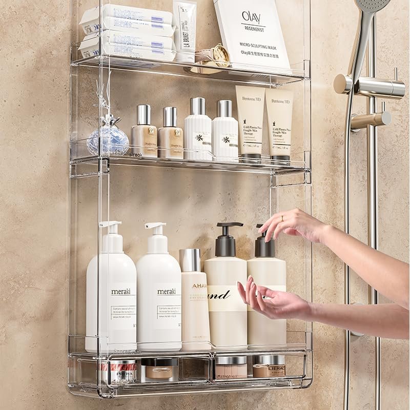 BOHOIDEE 3-Tier Wall Acrylic Display Shelves with 2 Division Boards, Large Capacity Acrylic Bathroom Organizer, Wall-Mounted Dustproof Makeup Organizer Storage for Bathroom, Kitchen, Room Decor Avelisse