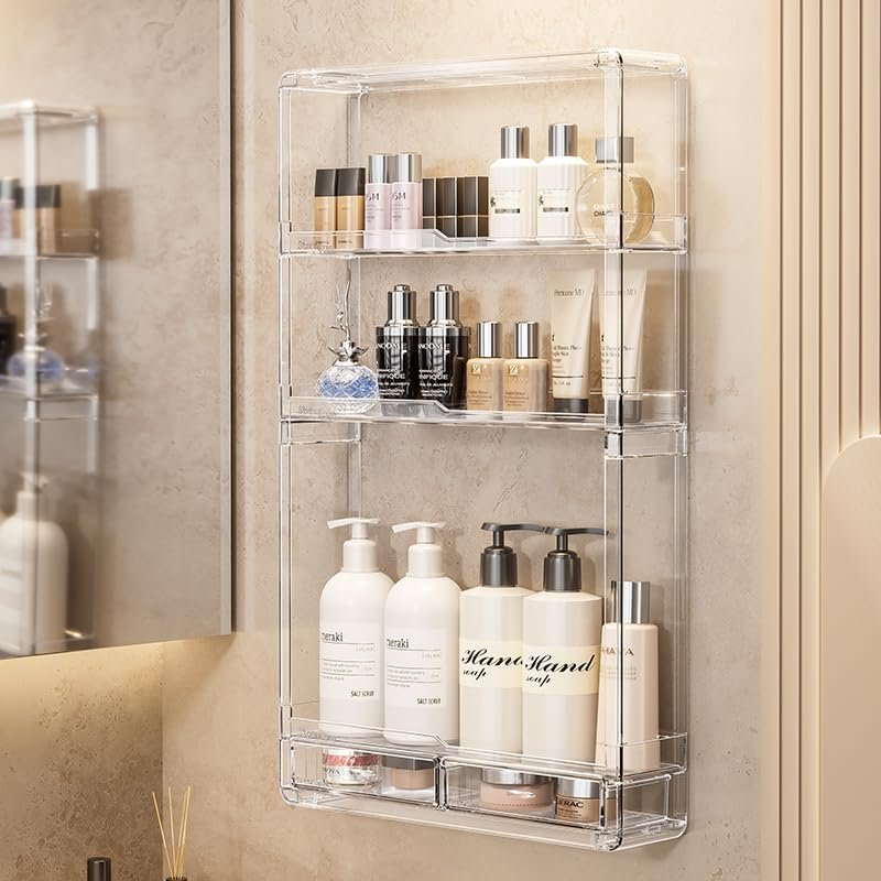 BOHOIDEE 3-Tier Wall Acrylic Display Shelves with 2 Division Boards, Large Capacity Acrylic Bathroom Organizer, Wall-Mounted Dustproof Makeup Organizer Storage for Bathroom, Kitchen, Room Decor Avelisse