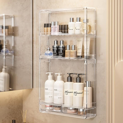 BOHOIDEE 3-Tier Wall Acrylic Display Shelves with 2 Division Boards, Large Capacity Acrylic Bathroom Organizer, Wall-Mounted Dustproof Makeup Organizer Storage for Bathroom, Kitchen, Room Decor Avelisse