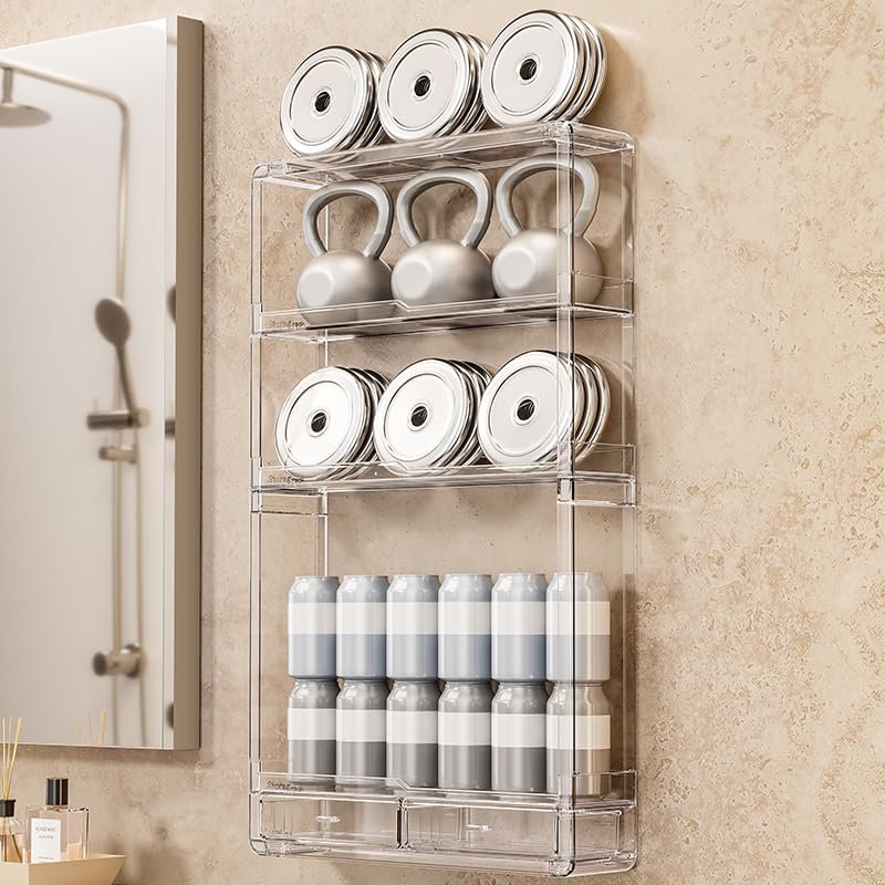 BOHOIDEE 3-Tier Wall Acrylic Display Shelves with 2 Division Boards, Large Capacity Acrylic Bathroom Organizer, Wall-Mounted Dustproof Makeup Organizer Storage for Bathroom, Kitchen, Room Decor Avelisse