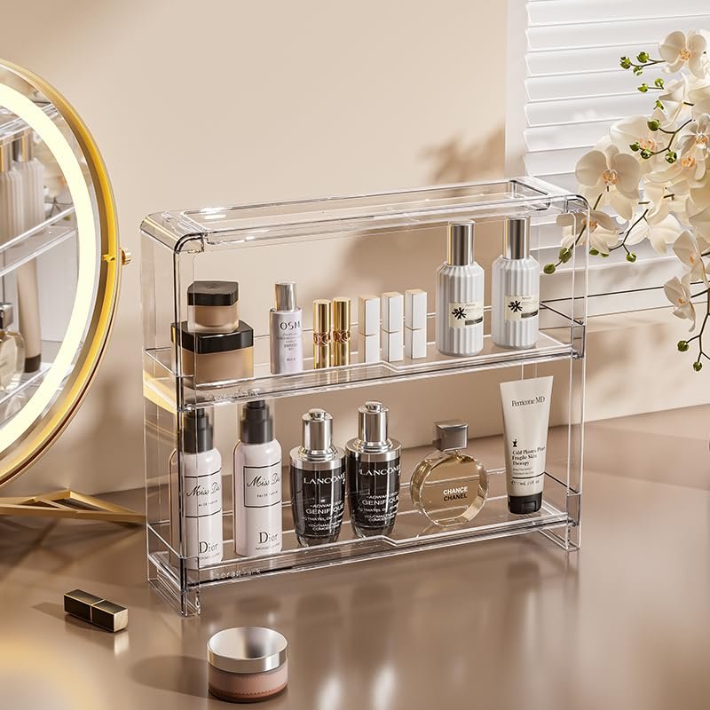 BOHOIDEE 3-Tier Wall Acrylic Display Shelves with 2 Division Boards, Large Capacity Acrylic Bathroom Organizer, Wall-Mounted Dustproof Makeup Organizer Storage for Bathroom, Kitchen, Room Decor Avelisse